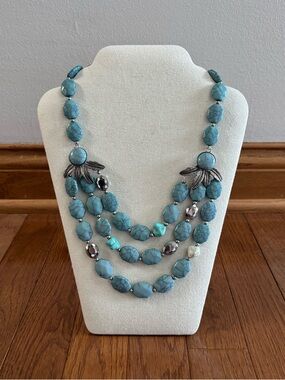 Turquoise Beaded Multi Tier Necklace with Silver Tone Feather Accents